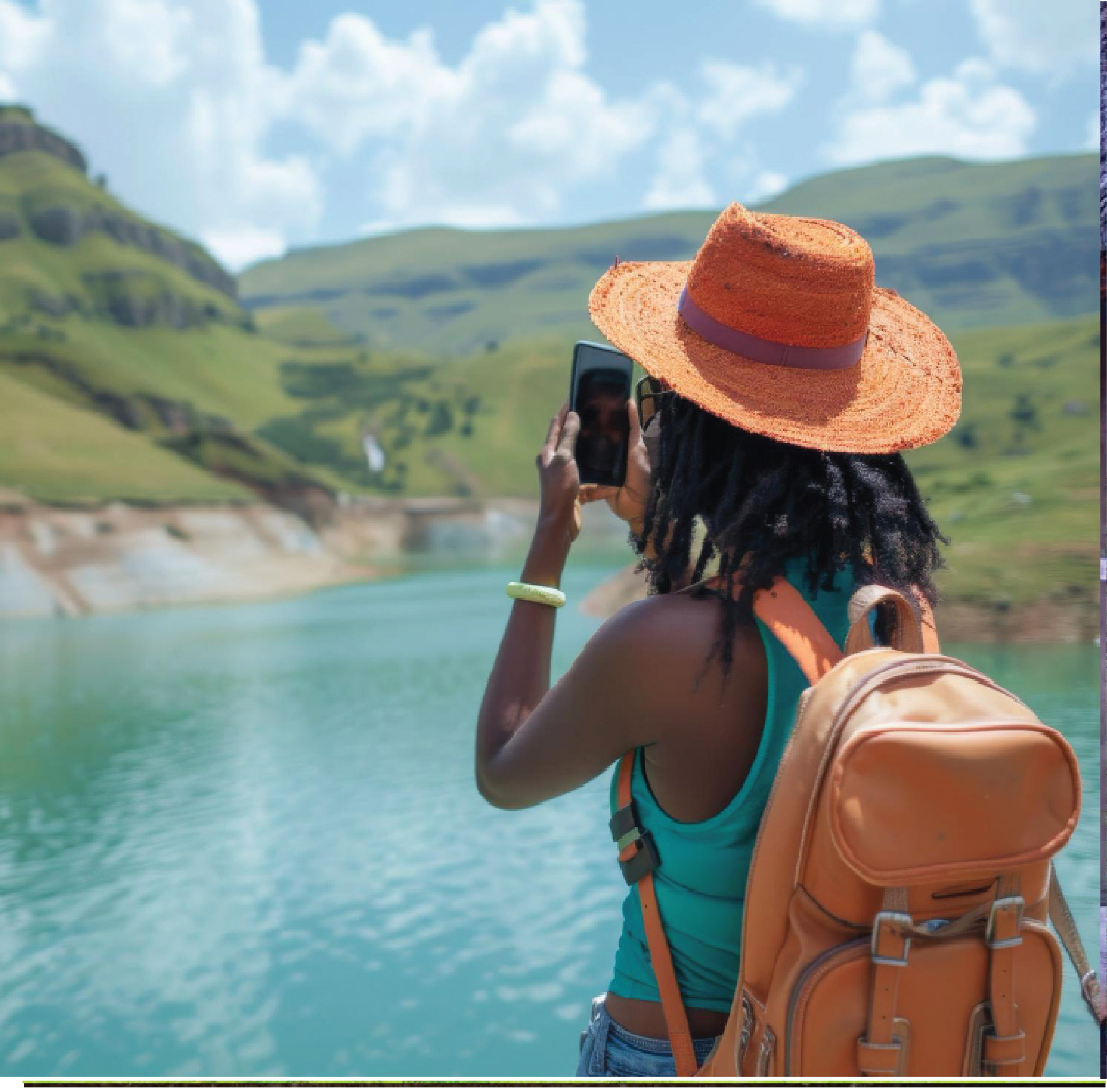 A woman wearing an orange straw hat and a teal tank top stands by a lake, taking a selfie with her phone, surrounded by green hills and blue skies.